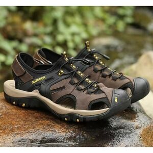 Outdoor Mens Brown Black Closed Toe Hiking Sandals Bungee Lace Size 48